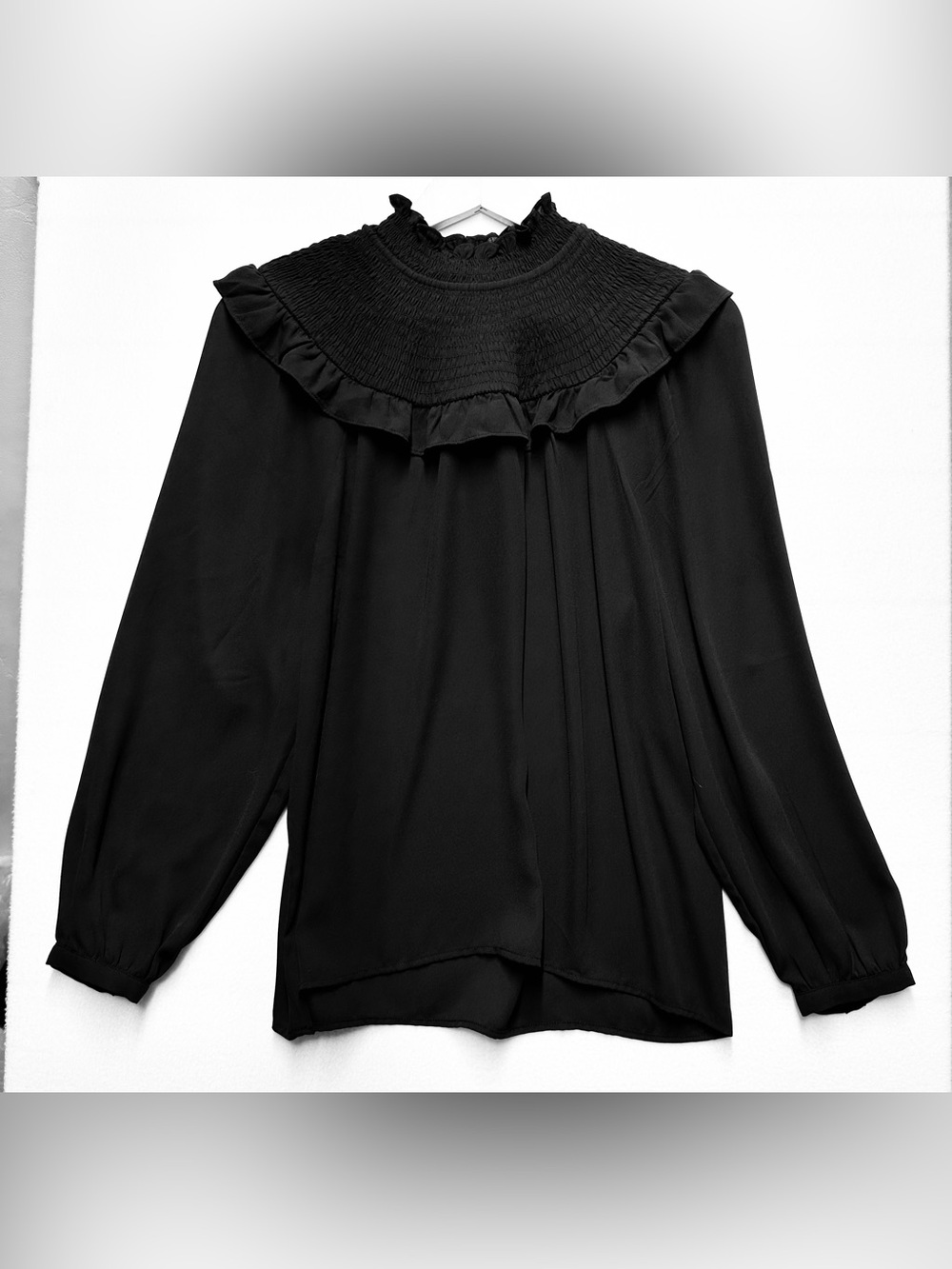 LOFT Women’s M Black Smocked‑Neck Blouse – Ruffle Trim – Lightweight • P2P 22”